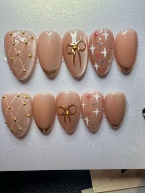 Nude Beige Press-On Nail Set with Gold Accents